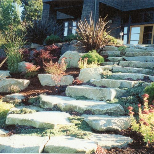 The stone stair case is meant to resemble a waterf