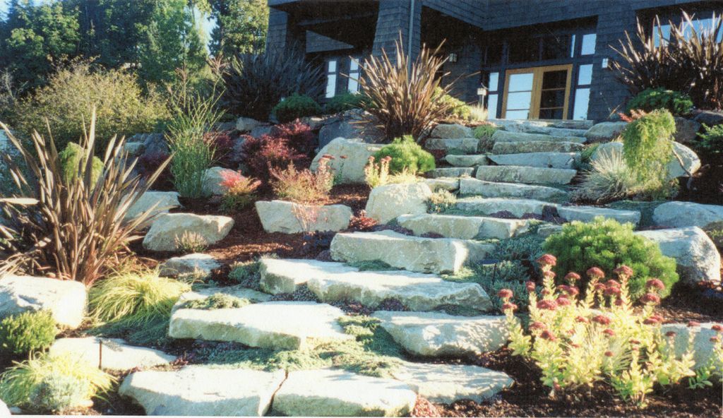 The stone stair case is meant to resemble a waterf