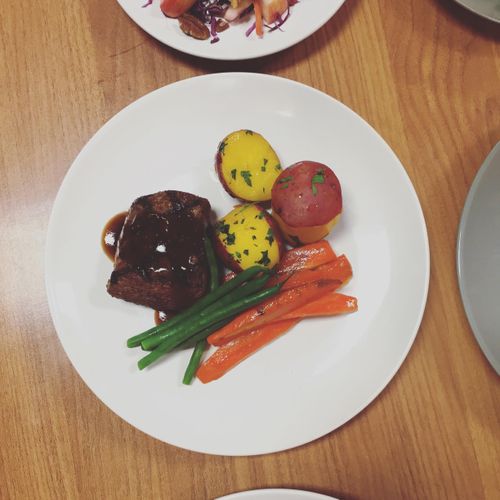 Peppercorn Steak, Saffron Potatoes, Glazed Vegetab