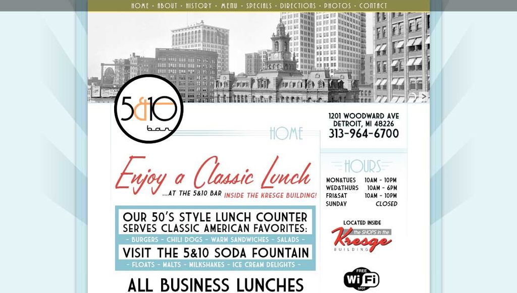 Website for the 5&10 Bar, a lunch cafe with a hist