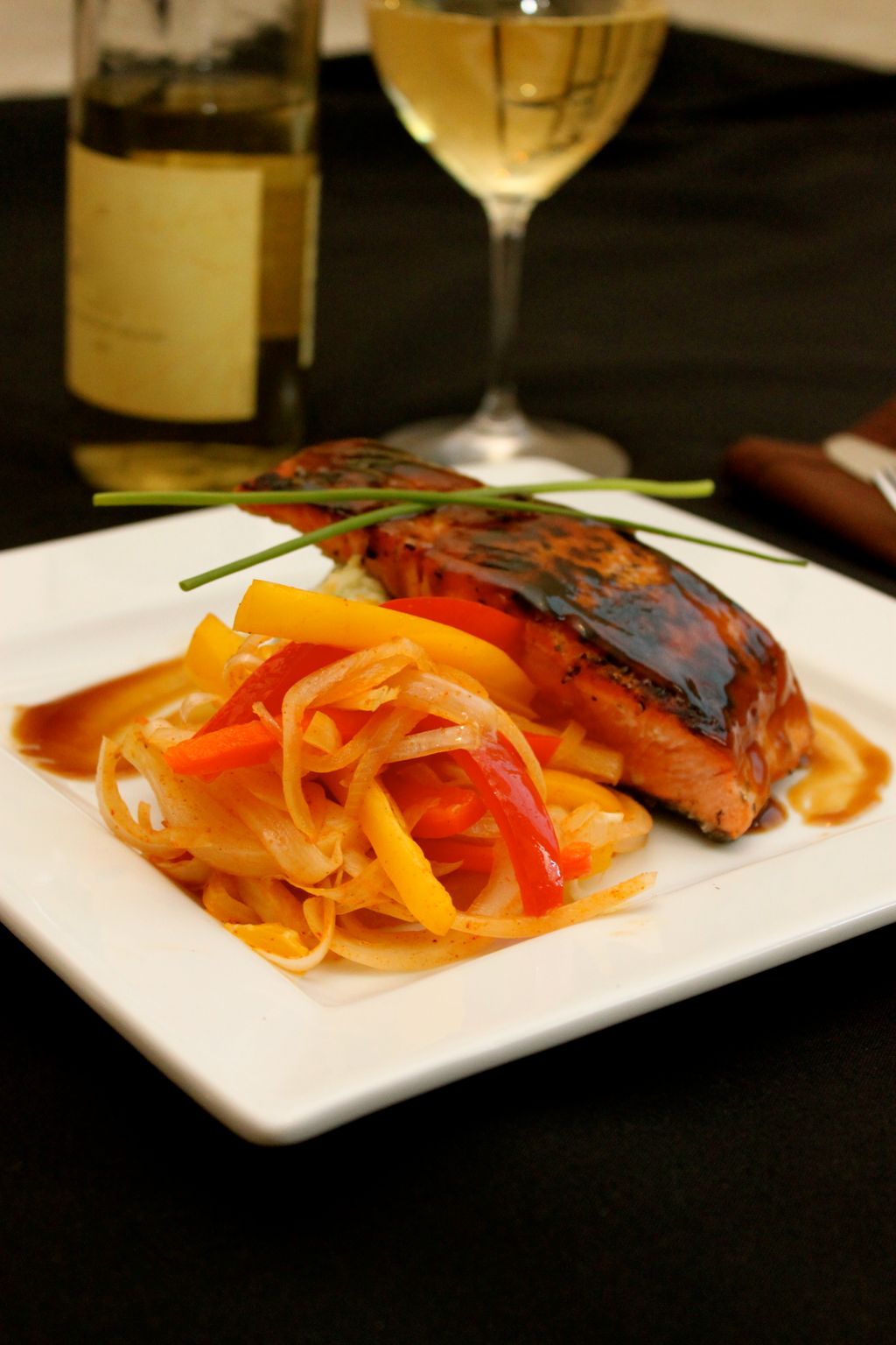 Teryiaki Glazed Salmon, Red & Yellow Pepper Saute