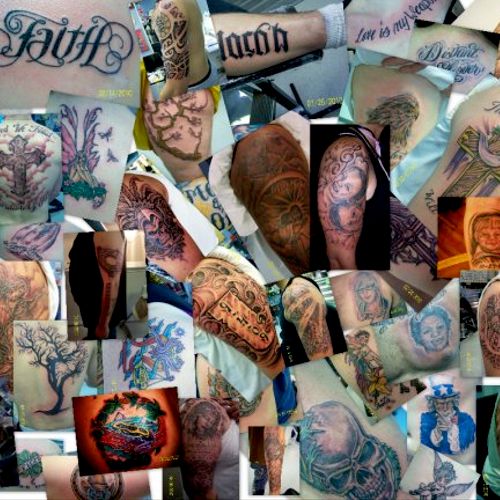 A collage of skinartbyraye tattoos of 2007-2010