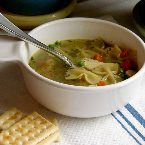 Chicken soup with bow tie pasta