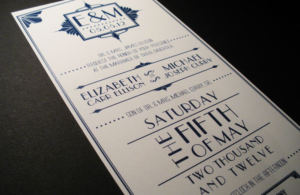 Wedding invitation with an art deco design.