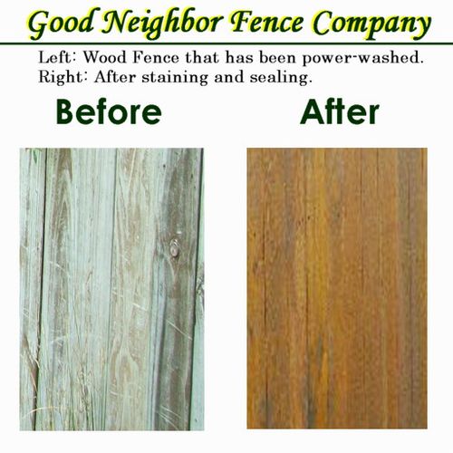 Close-up photos of wood fence before and after sta