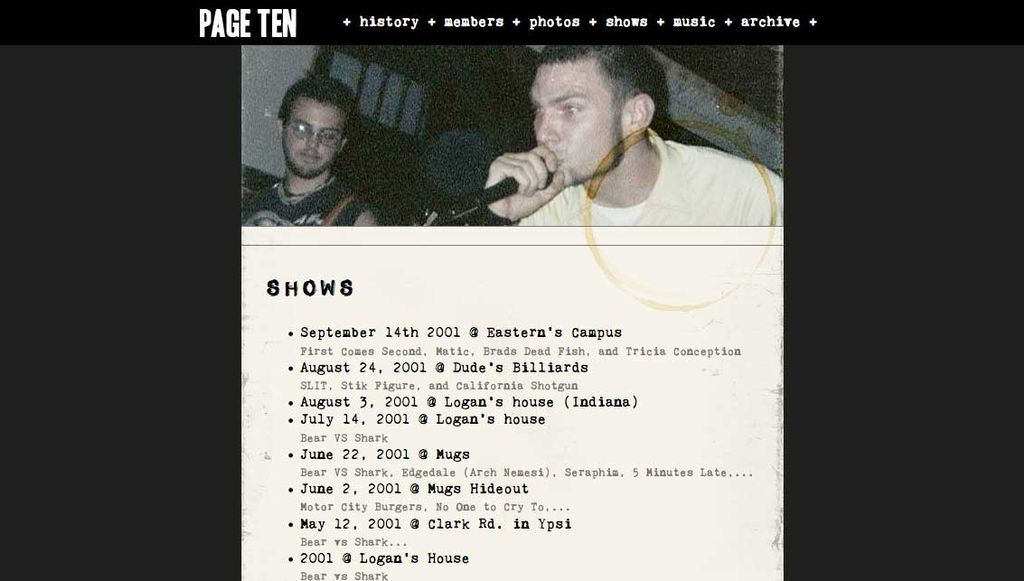Website for Page Ten, an indie/punk band from Bell