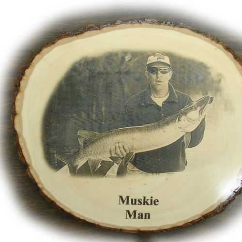 Photo laser engraved in basswood oval with bark in