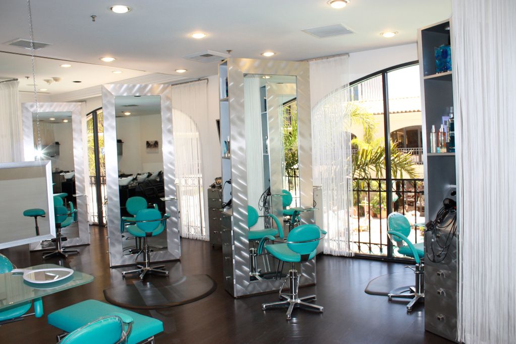 A posh hair salon with a splash of color brightens