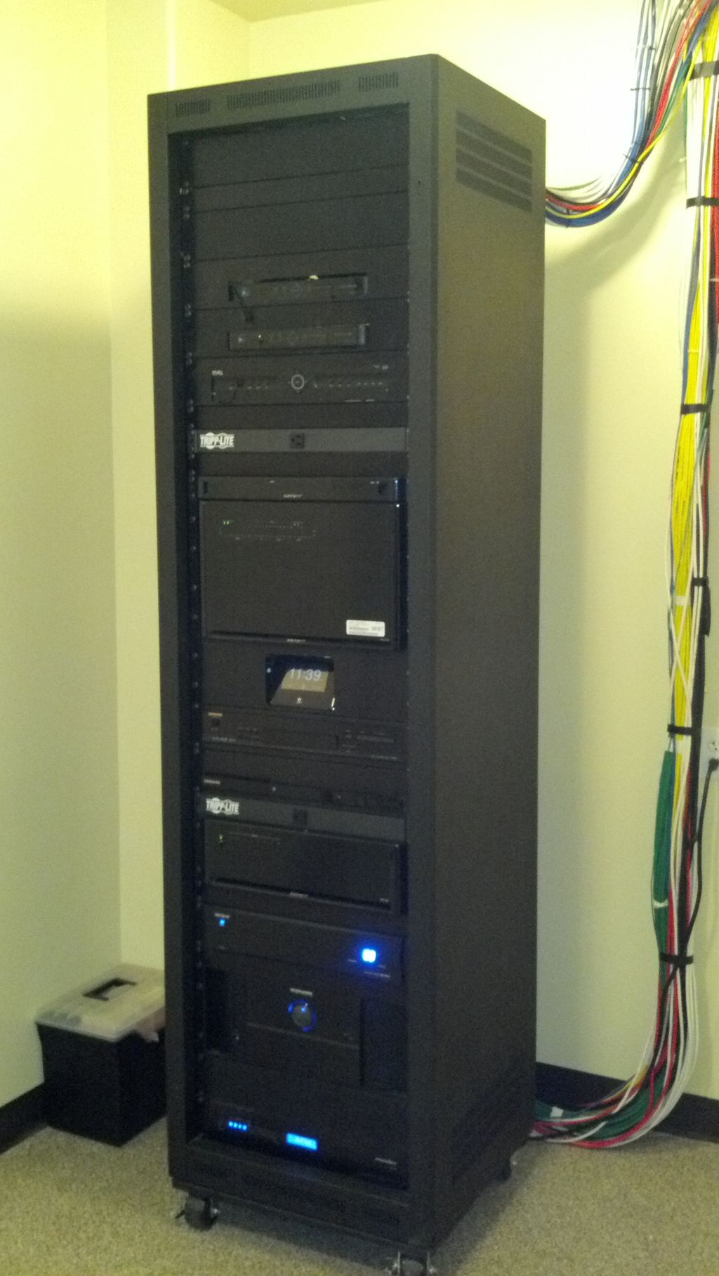 Single rack system; controls audio, video, thermos