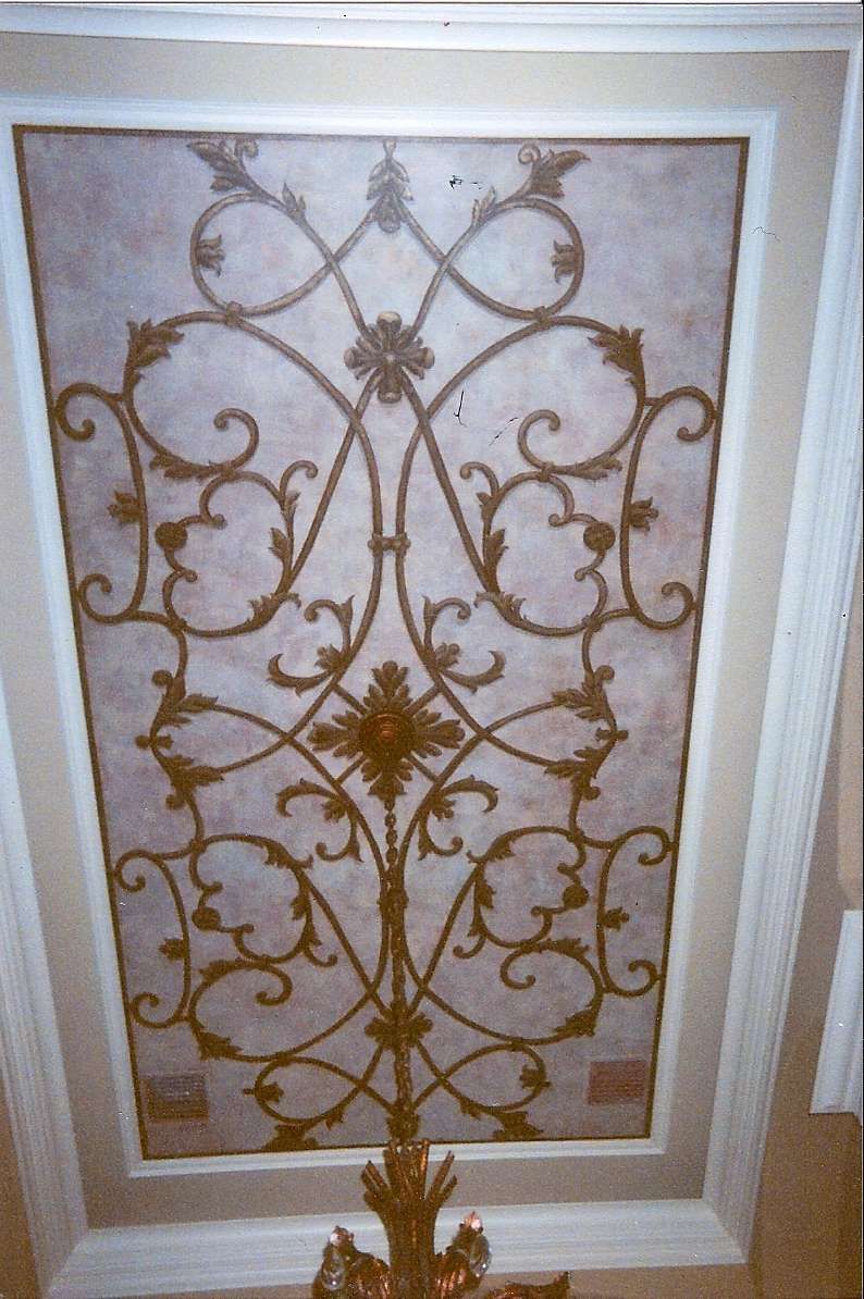 Ceiling painting to mimic wrought iron in chandeli