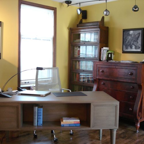 Home office with Michael Berman desk, vintage book
