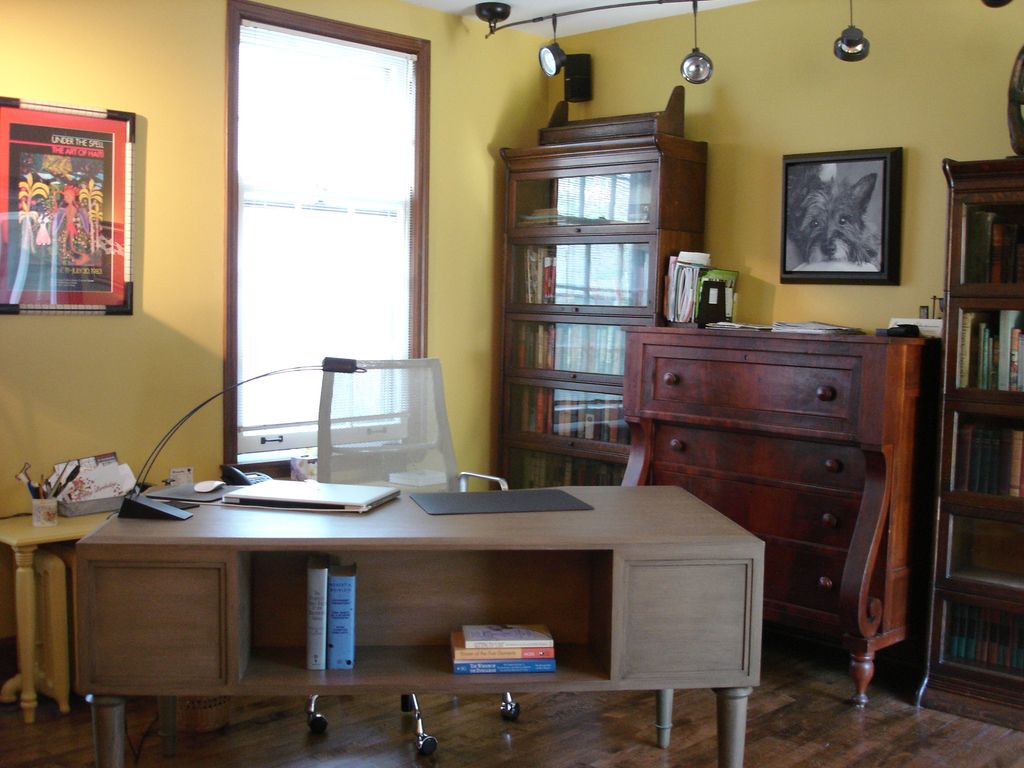 Home office with Michael Berman desk, vintage book