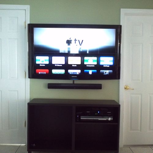 TV with sound bar and IR repeater.
