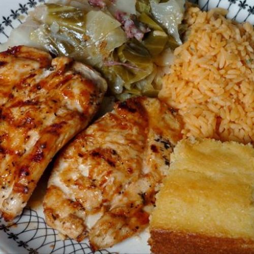 Grilled Barbecue Chicken Breasts with Yellow Rice 