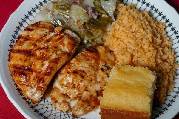 Grilled Barbecue Chicken Breasts with Yellow Rice 