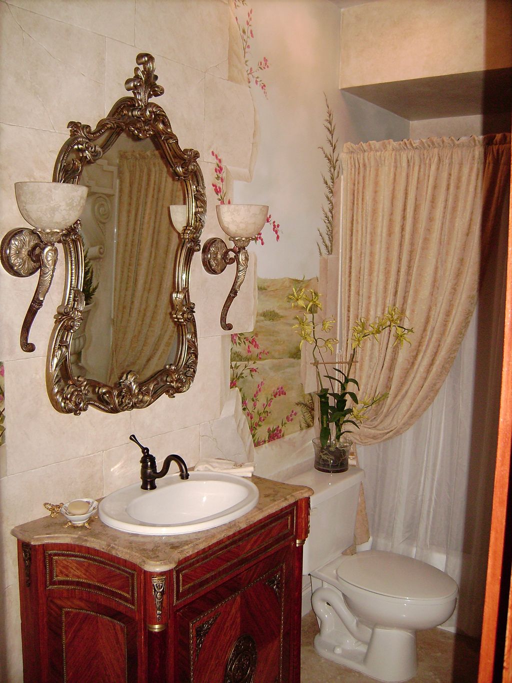 Wrap around mural in guest bathroom.