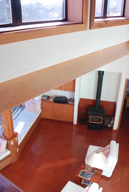 Beach house view from the loft down into the main 
