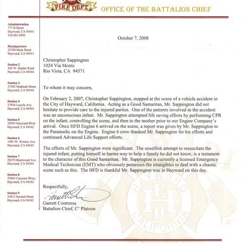 Letter of Commendation from Hayward Fire Departmen