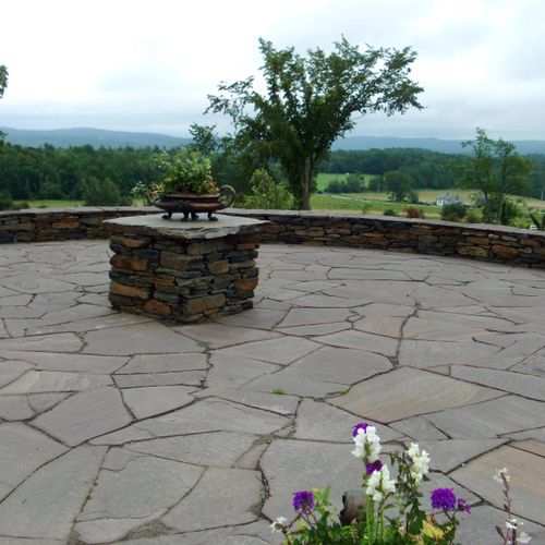 Lavender Blue stone patio, with knee wall border