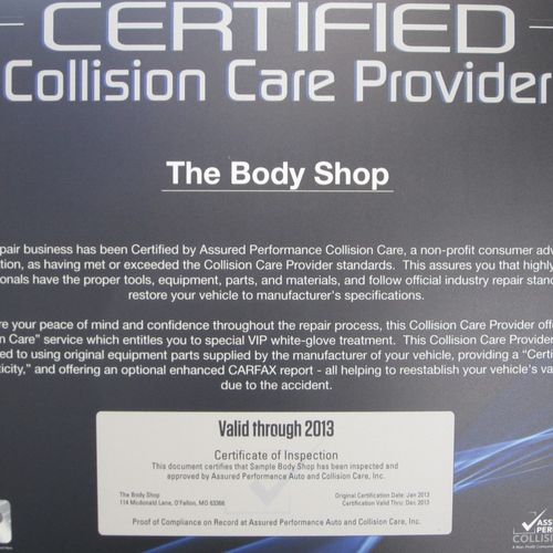 THE BODY SHOP  is a CERTIFIED Collision Care
Provi