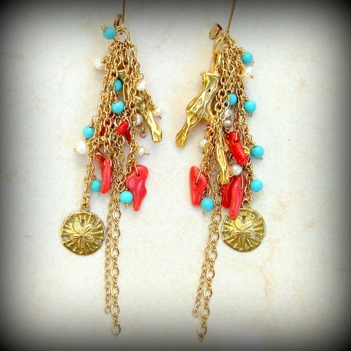 Coral Epic Earrings - Coral, Turquoise, Peals, San