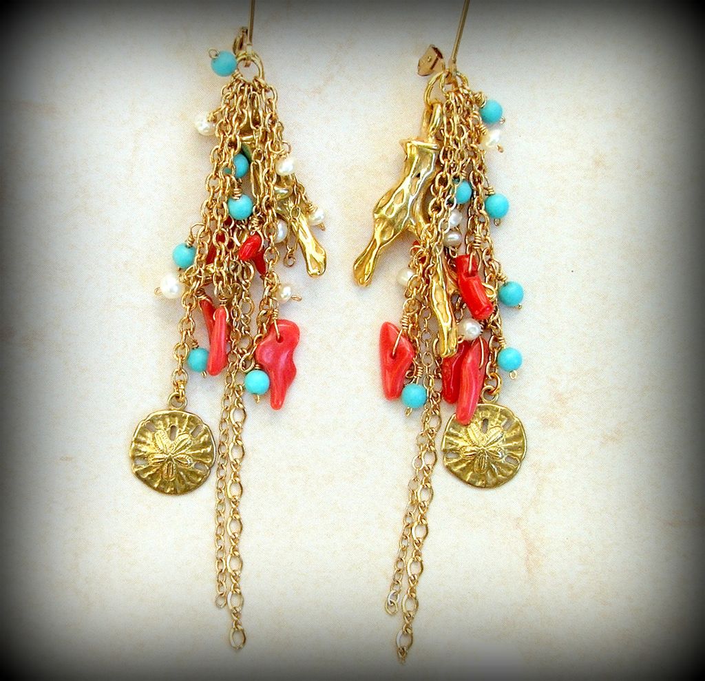 Coral Epic Earrings - Coral, Turquoise, Peals, San