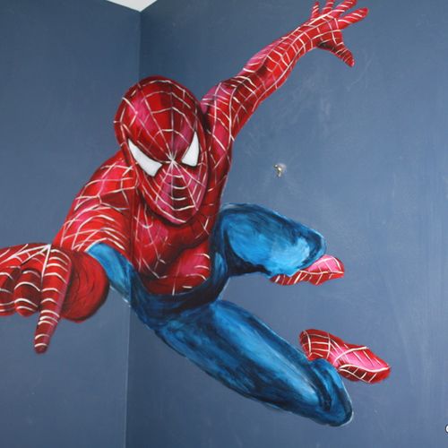 Spiderman wall mural, painted int the corner of a 