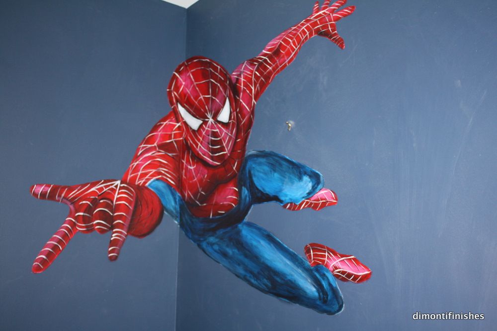 Spiderman wall mural, painted int the corner of a 