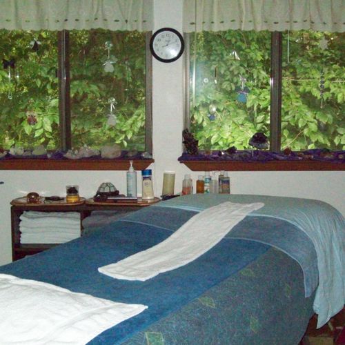 The Massage Studio overlooks a view of tree tops.