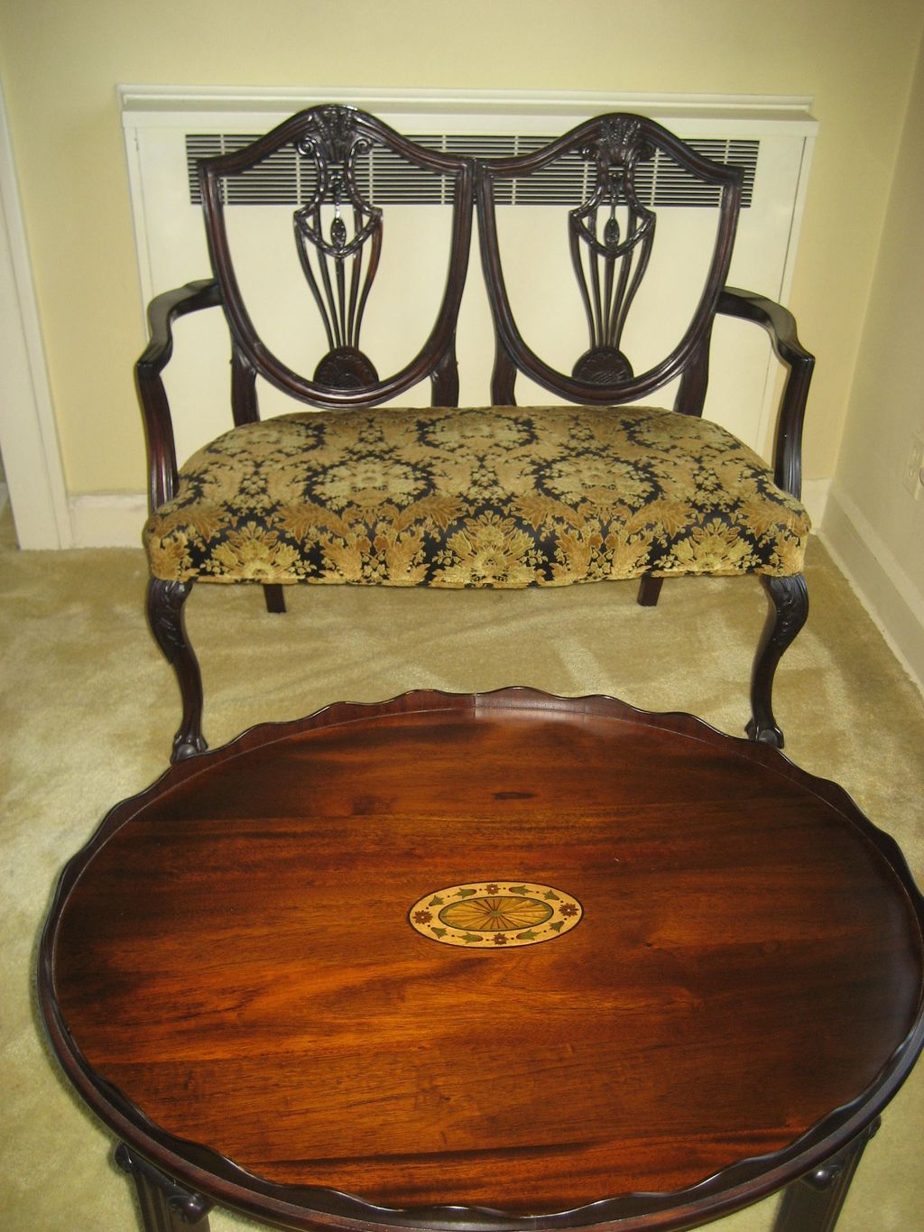 shield back sette and inlay cocktail table