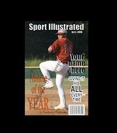 Sports photos on magazine cover.