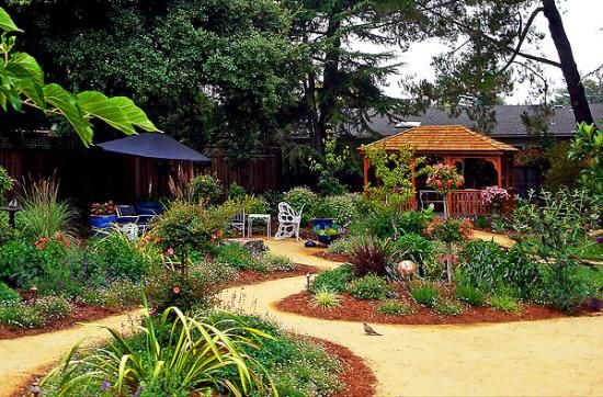 Meandering path through all season garden leading 