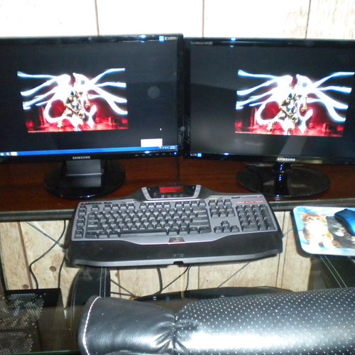 Gaming computer with dual monitors.