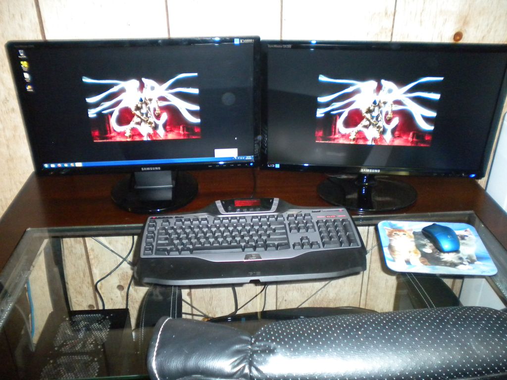 Gaming computer with dual monitors.