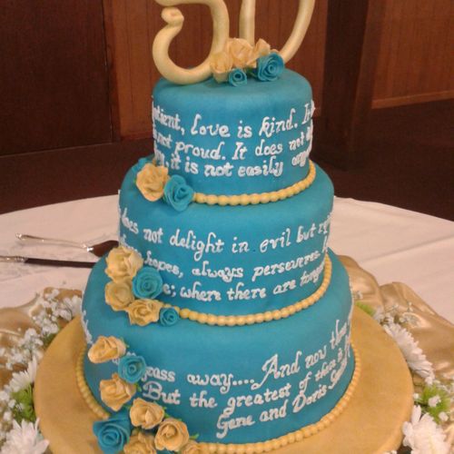50th anniversary cake with 1st Corinthians 13 scri