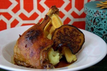 Ancho/piloncillo duck confit over roasted garlic m