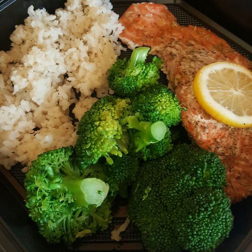 Baked Salmon, Broccoli and Herbed Rice