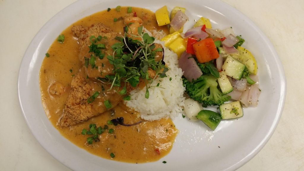 Pan seared catfish with shrimp Etouffee.