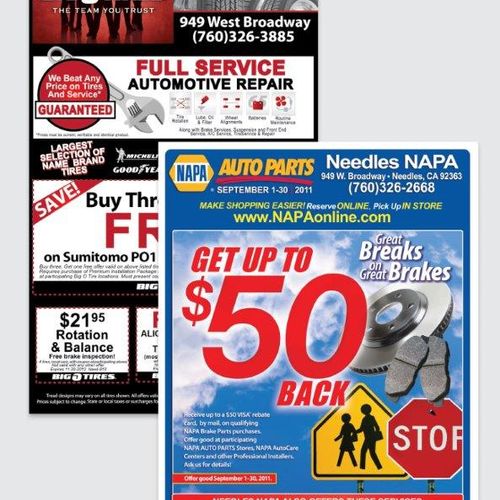 Print ads for Big O tire stores and Napa Auto part