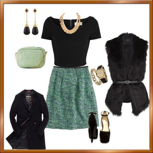 Love this J. Crew tweed skirt. Add the faux fur ve