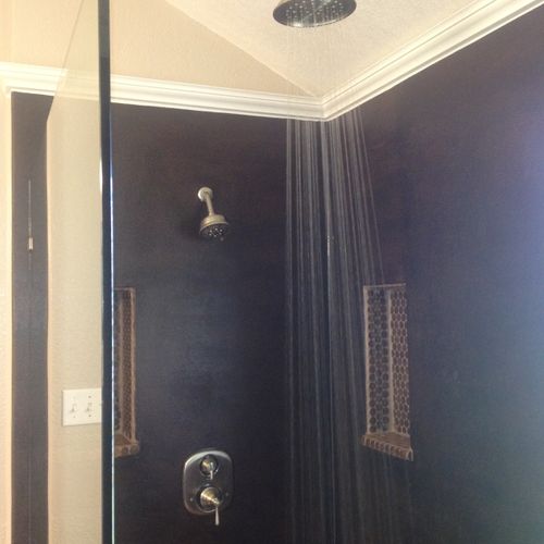Cork walls in a custom shower