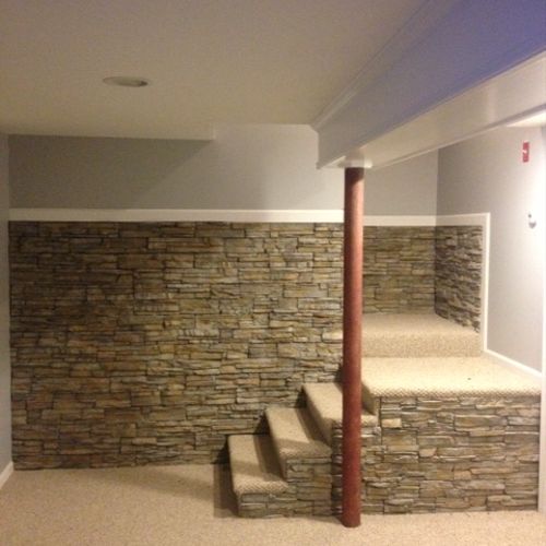 stacked stone in basement remodel