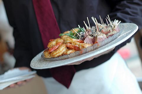 Adobo grilled shrimp and seared ahi tuna.