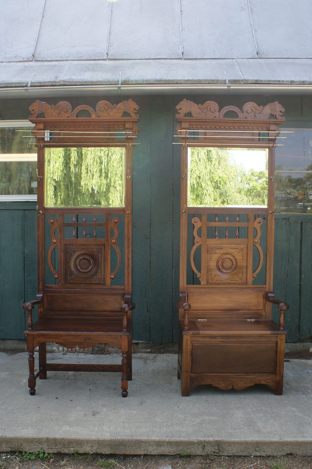 Oak Hall Tree Ca. 1890 and Reproduction in Walnut 