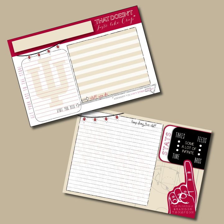 Unique collegiate themed recipe card designed for 