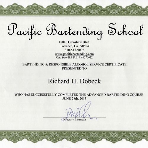 My diploma of completion of the Pacific Bartending