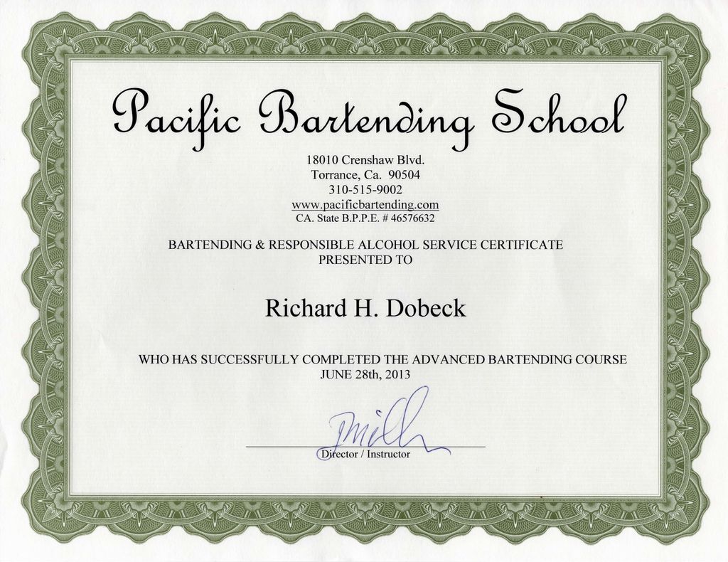 My diploma of completion of the Pacific Bartending