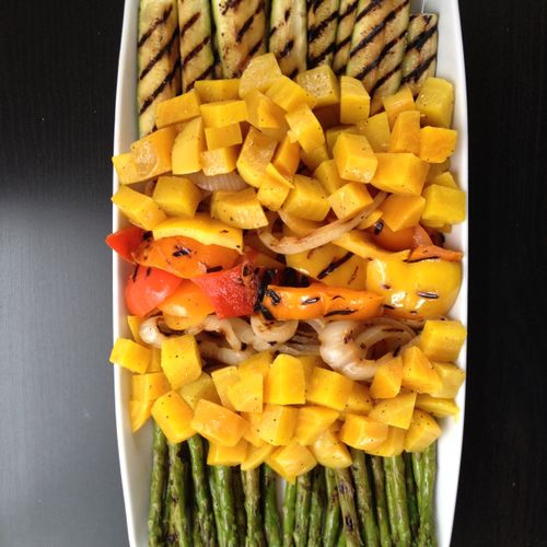 Grilled vegetable platter with roasted yellow beet