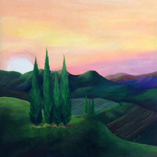 Recent painting, Sunset over the Vineyards.  36" x