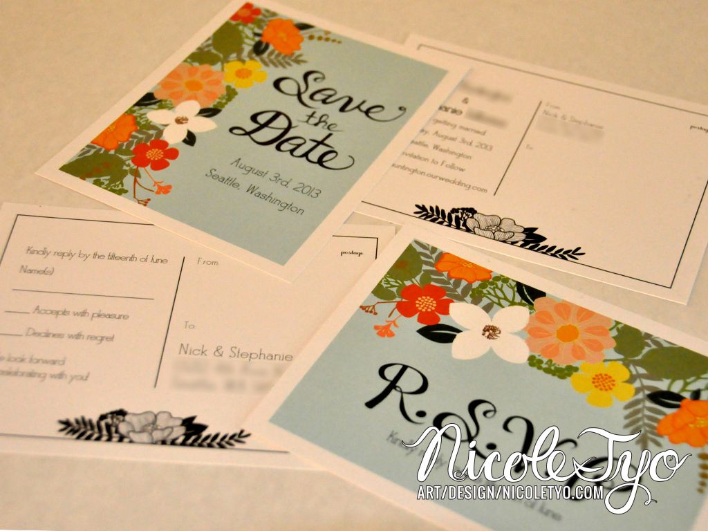 Custom illustrated wedding invitation suite